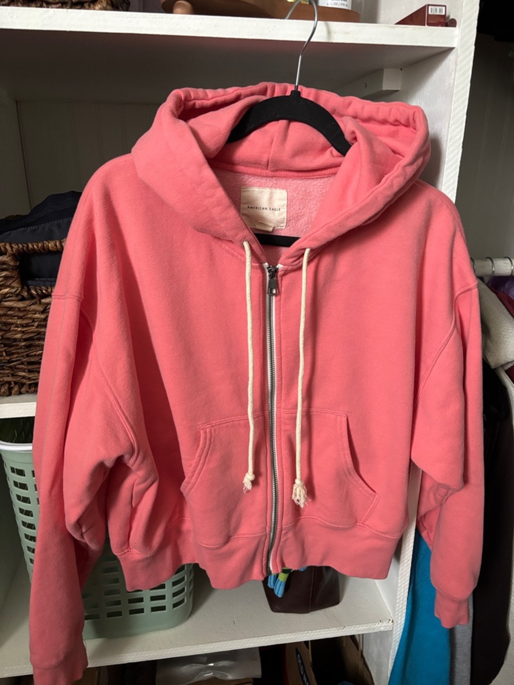 American Eagle Pink Zip-Up Hoodie with Cream Drawstrings